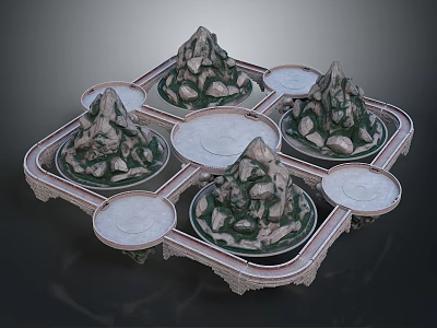 Intricate Ornamental Square Base With Mountain Shaped Decorations And Circular Trays 3d model