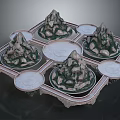 Intricate Ornamental Square Base With Mountain Shaped Decorations And Circular Trays