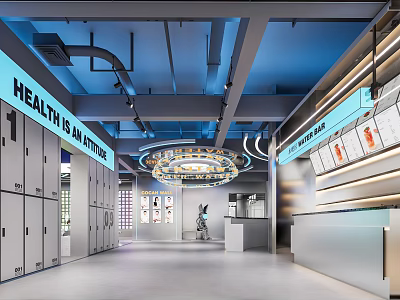 Modern Health and Fitness Gym Interior Featuring Lockers Reception Desk and Equipment Display Area 3d model