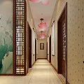 Traditional Chinese Clubhouse With Lotus Decor Wooden Walls Warm Lighting Murals And Reception Desk