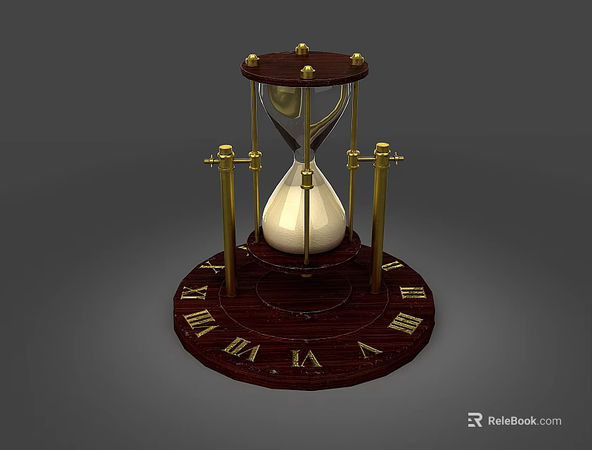 Decorative Ornament Set Featuring Hourglass With Wooden Base Roman Numerals And Golden Stands 3d model 