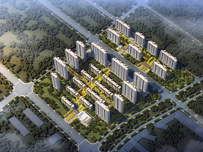Aerial View Residential Planning With High Rise Buildings Landscaped Green Spaces And Road Network 3d model