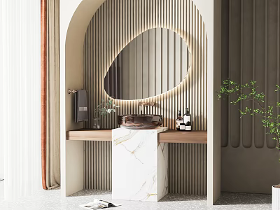 Modern Bathroom Vanity With Marble Countertop Oval Mirror Striped Wall And Wooden Frame 3d model