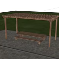 Wooden Pergola With Seating Benches In Outdoor Paved Patio Surrounded By Greenery