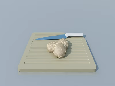Light Colored Cutting Board With Blue Blade Knife And Fresh Mushrooms On Top 3d model