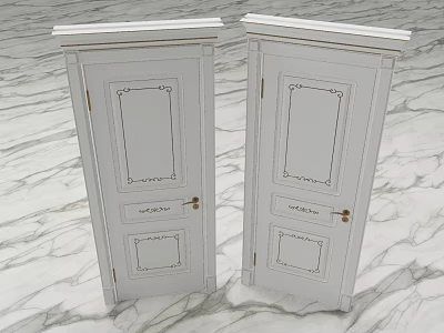 White Swing Doors with Decorative Lines and Golden Handles on Marble Surface 3d model
