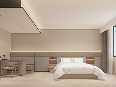 Hotel Room With Minimalist Design White Bedding Beige Walls And Light Colored Flooring 3d model
