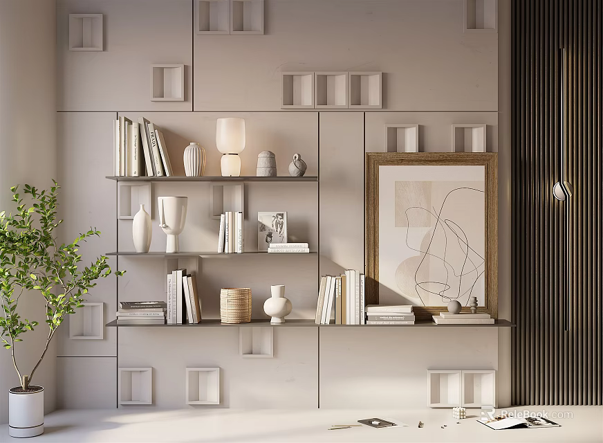 Decorative Ornament Combinations in Modern Interior on Shelves with Books Vases Sculptures and Table Lamp 3d model 