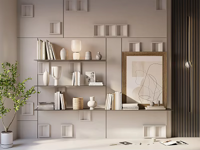 Decorative Ornament Combinations in Modern Interior on Shelves with Books Vases Sculptures and Table Lamp 3d model