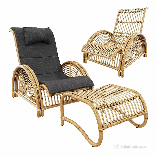 Wicker Leisure Chair With Black Cushion And Matching Ottoman For Relaxation 3d model 