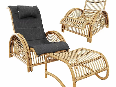Wicker Leisure Chair With Black Cushion And Matching Ottoman For Relaxation 3d model