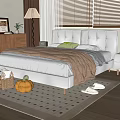 Double Bed With Upholstered Headboard Neutral Bedding Wooden Nightstand Table Lamp Rug Decorative Pumpkin Blinds