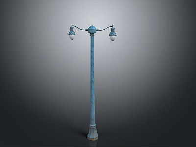 Vintage Street Lamp With Classic Design Double Light Heads And Blue Metal Pole 3d model