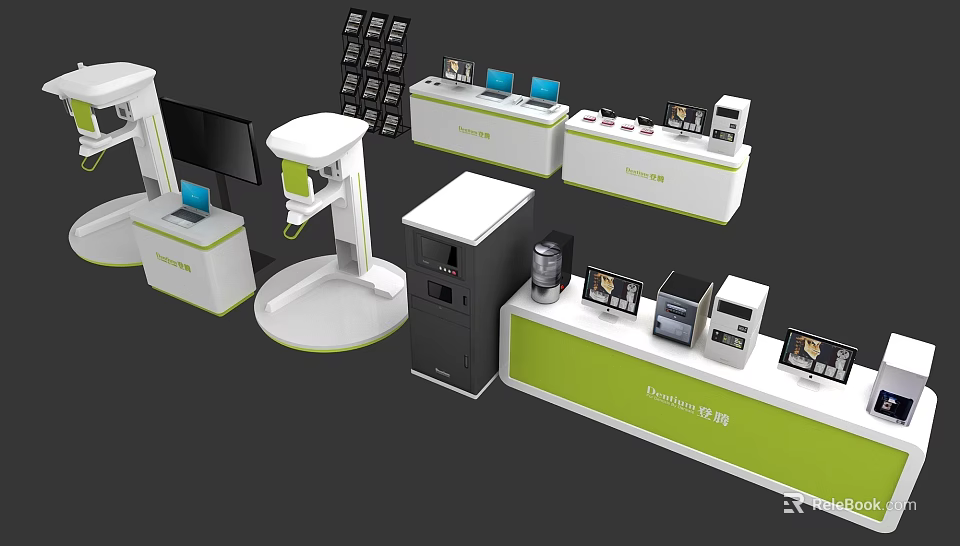 Techno Office Equipment Display With Computers Printers Scanners And Modern Stands 3d model 