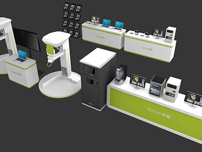 Techno Office Equipment Display With Computers Printers Scanners And Modern Stands 3d model