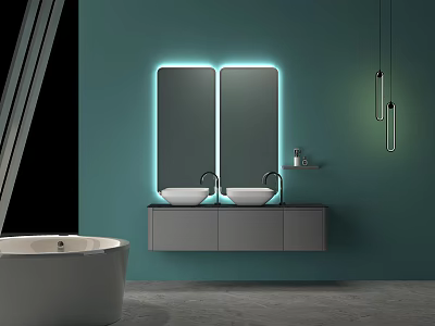 Modern Luxury Bathroom Vanity with Double Basins LED Mirrors and Teal Wall 3d model