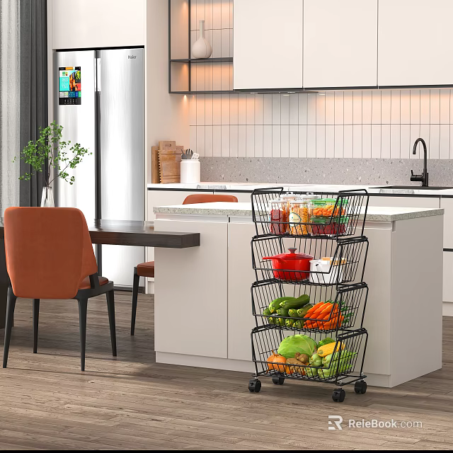 Black Wheeled Multi Tier Storage Rack For Fruits And Vegetables In Modern Kitchen 3d model 