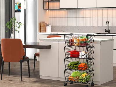 Black Wheeled Multi Tier Storage Rack For Fruits And Vegetables In Modern Kitchen 3d model