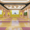 Yoga Fitness Studio With Pink Mats Wooden Floor Round Lights And Wall Decorations