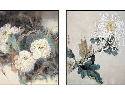 Botanical Paintings Featuring White Flowers Green Leaves And Traditional Art Elements 3d model