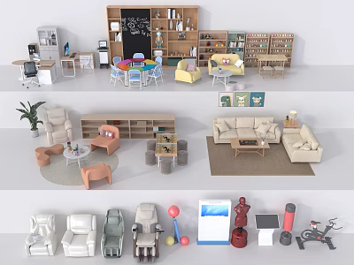 Counseling Room Interior With Bookshelves Tables Sofa Toys And Fitness Equipment 3d model