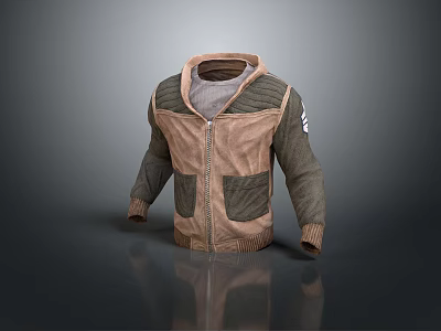 Hooded Jacket Brown And Green Patchwork With Zipper Front Gray Lining Arm Patch Detail 3d model
