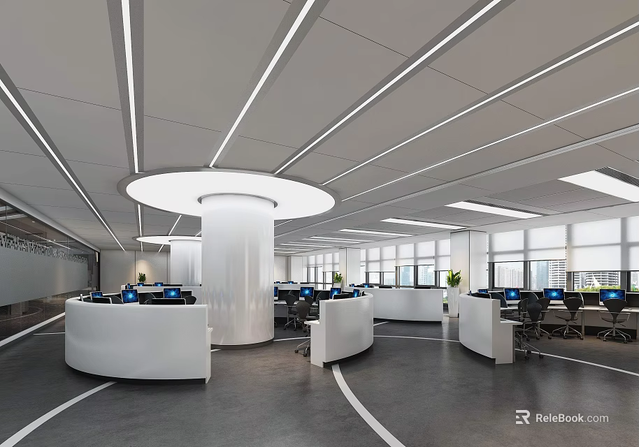 Public Office Space With Open Layout Workstations Computers White Column Ceiling Light Strips And Windows 3d model