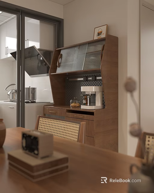 Warm Mid Century Dining Living Space With Rattan Chairs And Functional Walnut Wood Storage Cabinet 3d model 