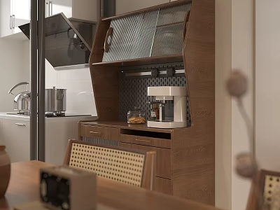 Warm Mid Century Dining Living Space With Rattan Chairs And Functional Walnut Wood Storage Cabinet 3d model