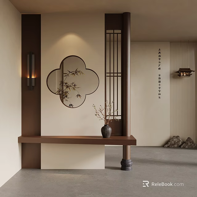 Chinese Traditional Interior With Plum Blossom Mirror Bamboo Reflection And Wooden Partition 3d model 