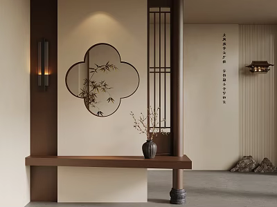 Chinese Traditional Interior With Plum Blossom Mirror Bamboo Reflection And Wooden Partition 3d model