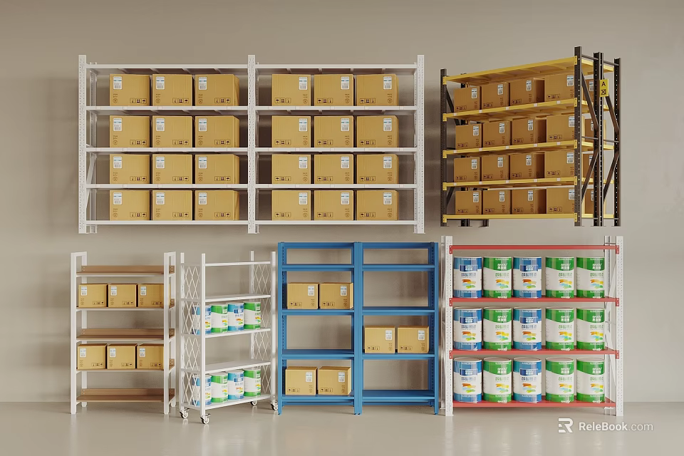 Various Colored Storage Shelving Units Displaying Boxes And Bottled Products 3d model 