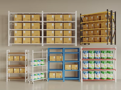 Various Colored Storage Shelving Units Displaying Boxes And Bottled Products 3d model