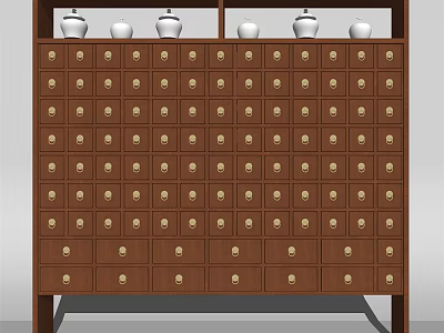 Brown Wooden Storage Cabinet with Multiple Small Drawers Brass Handles and White Ceramic Jars 3d model