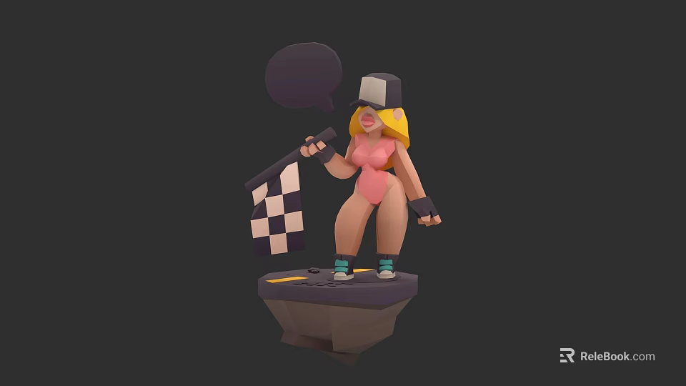 Game Movie Character With Blonde Hair Pink Bodysuit Checkered Flag And Speech Bubble 3d model 