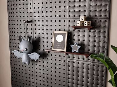 Decorative Ornament Set With Grey Bat Plush Moon Frame Star On Black Perforated Wall Shelf 3d model