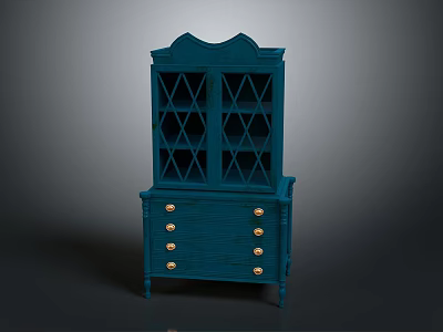 Vintage Deep Blue Cabinet with Diamond Lattice Glass Doors and Golden Knobs Drawers 3d model