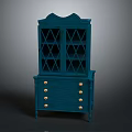 Vintage Deep Blue Cabinet with Diamond Lattice Glass Doors and Golden Knobs Drawers