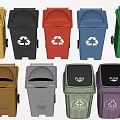 Public Color Coded Trash Bins With Recycling Symbols And Push Lids For Waste Separation