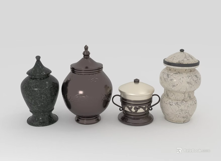 Assorted Decorative Jars Featuring Dark Green Brown And White Textured Designs 3d model 