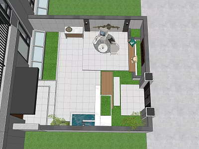 Lush Flowers And Green Plants In Outdoor Courtyard With White Tiles Layout 3d model
