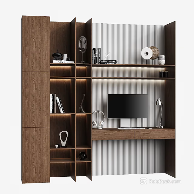 Modern Home Office Desk With Wooden Bookshelf Monitor Lamp Books And Decor Items 3d model 