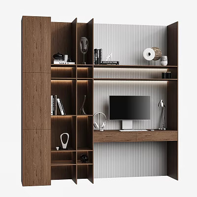 Modern Home Office Desk With Wooden Bookshelf Monitor Lamp Books And Decor Items 3d model