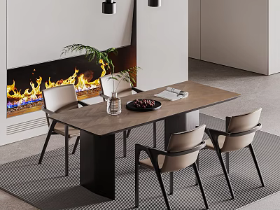 Modern Dining Table Set With Beige Chairs And Fireplace Background 3d model