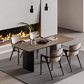 Modern Dining Table Set With Beige Chairs And Fireplace Background 3d model