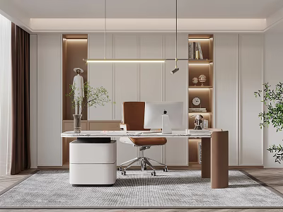 Modern Study Room Interior Design With Wooden Desk Ergonomic Chair Bookshelf Decorations And Green Plants 3d model