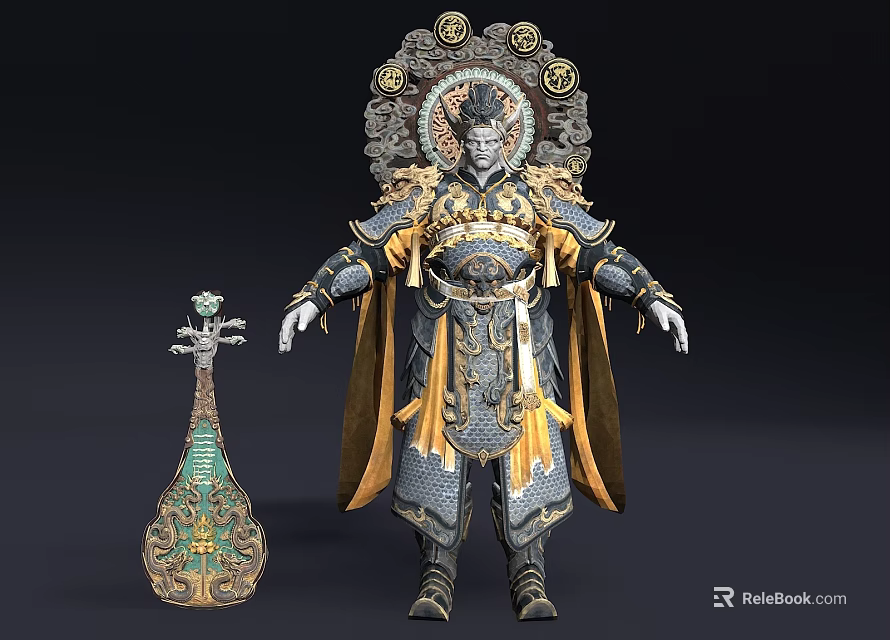 Man In Ornate Gold And Blue Armor With Elaborate Headdress Standing Beside Green Decorative Bottle 3d model 