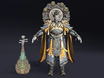 Man In Ornate Gold And Blue Armor With Elaborate Headdress Standing Beside Green Decorative Bottle 3d model