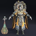 Man In Ornate Gold And Blue Armor With Elaborate Headdress Standing Beside Green Decorative Bottle