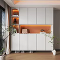 Modern Minimalist White Shoe Cabinet With Open Shelves LED Lighting And Decorative Storage